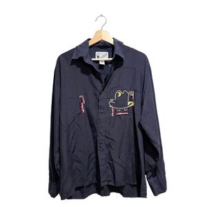 Vintage Goouch 100% Silk Navy Blue Embroidered Cowboy Button Down Shirt S